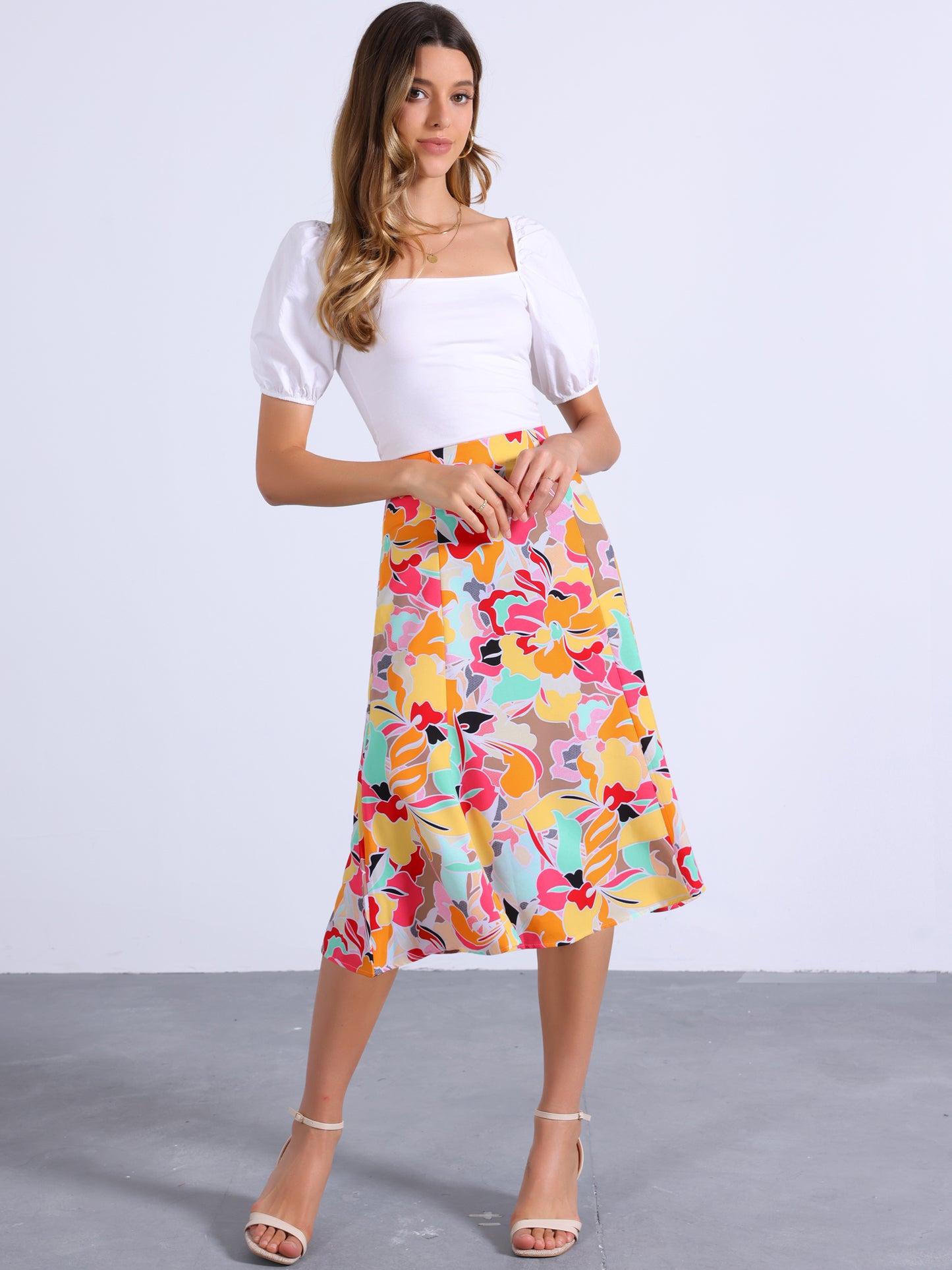 Women's Floral Midi Skirt Peasant Elastic Waist A-Line Ditsy Printed Skirts