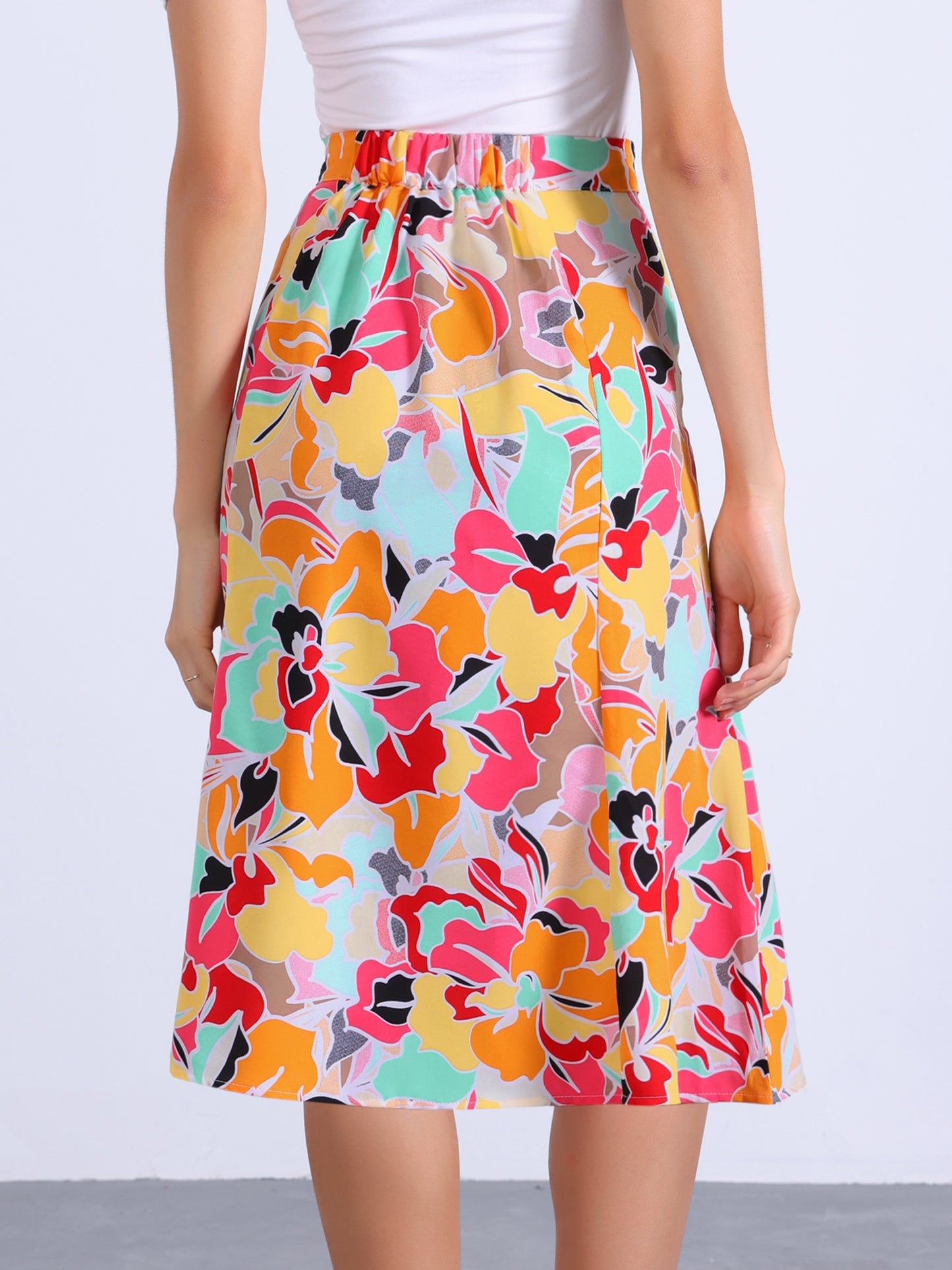 Women's Floral Midi Skirt Peasant Elastic Waist A-Line Ditsy Printed Skirts