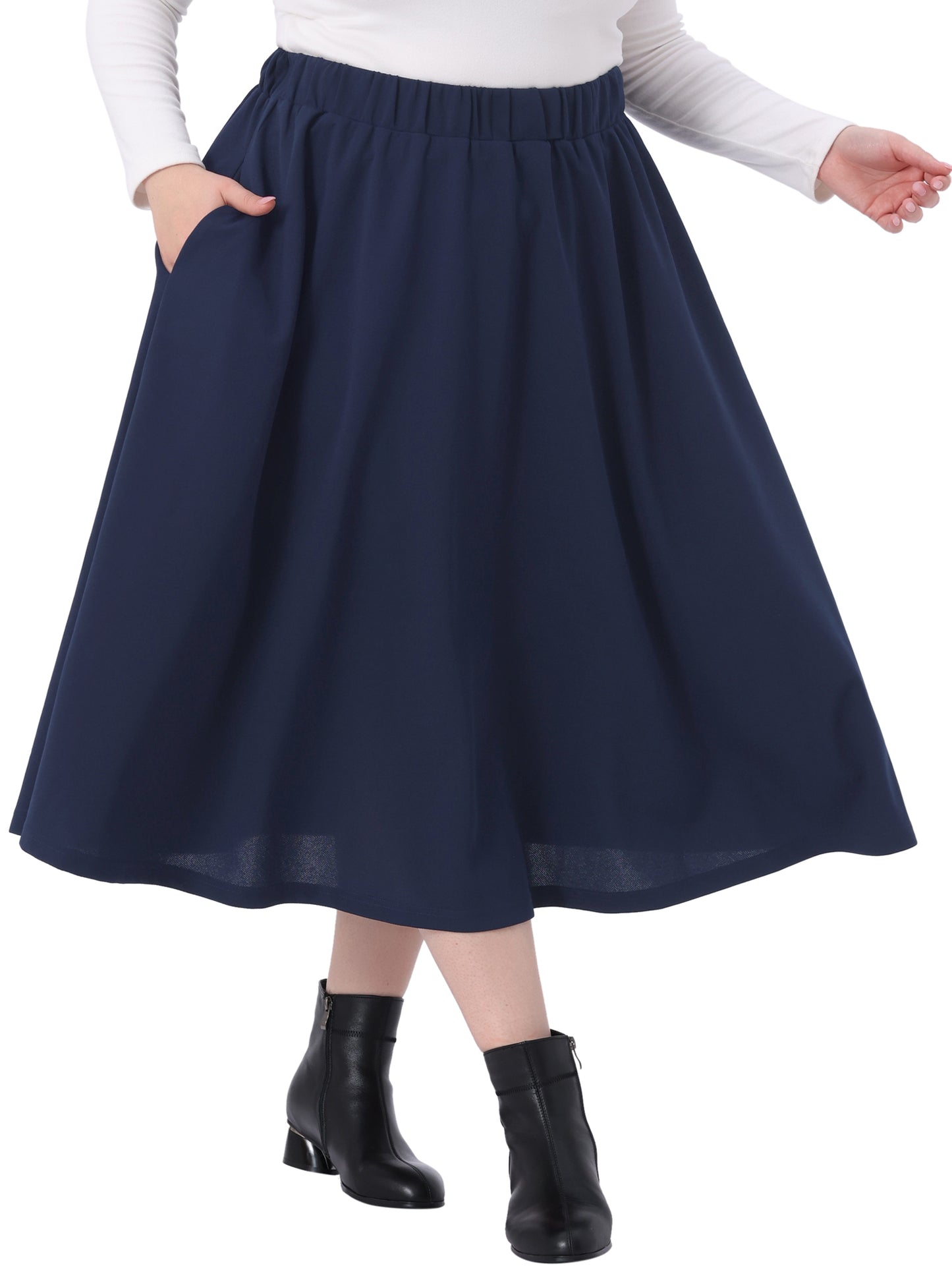 Women Plus Size Midi Skirt Elastic High Waisted Casual Flowy A Line Skirts with Pockets