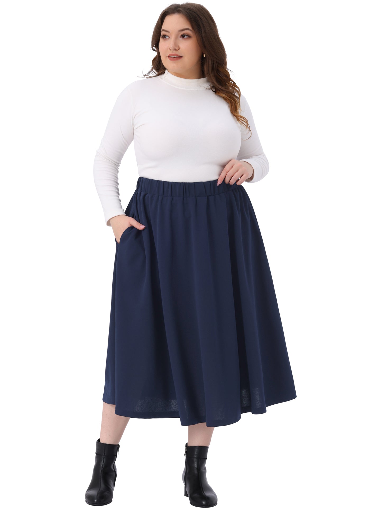 Women Plus Size Midi Skirt Elastic High Waisted Casual Flowy A Line Skirts with Pockets