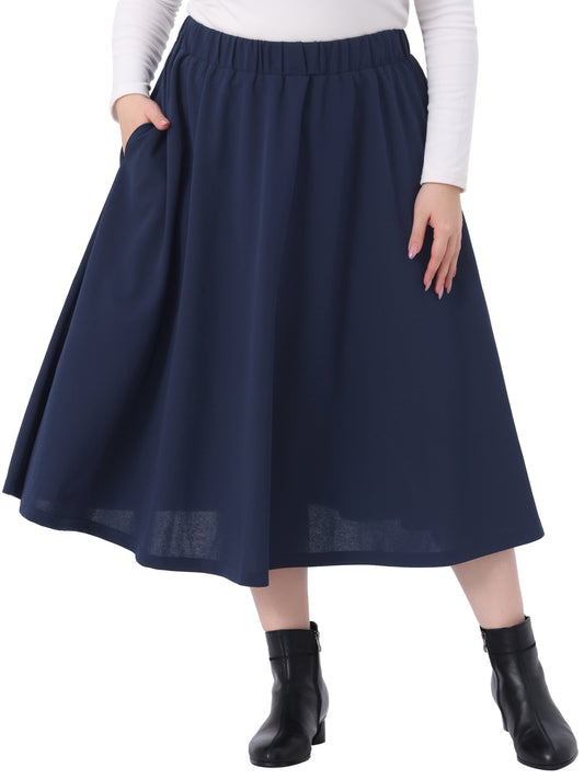 Women Plus Size Midi Skirt Elastic High Waisted Casual Flowy A Line Skirts with Pockets