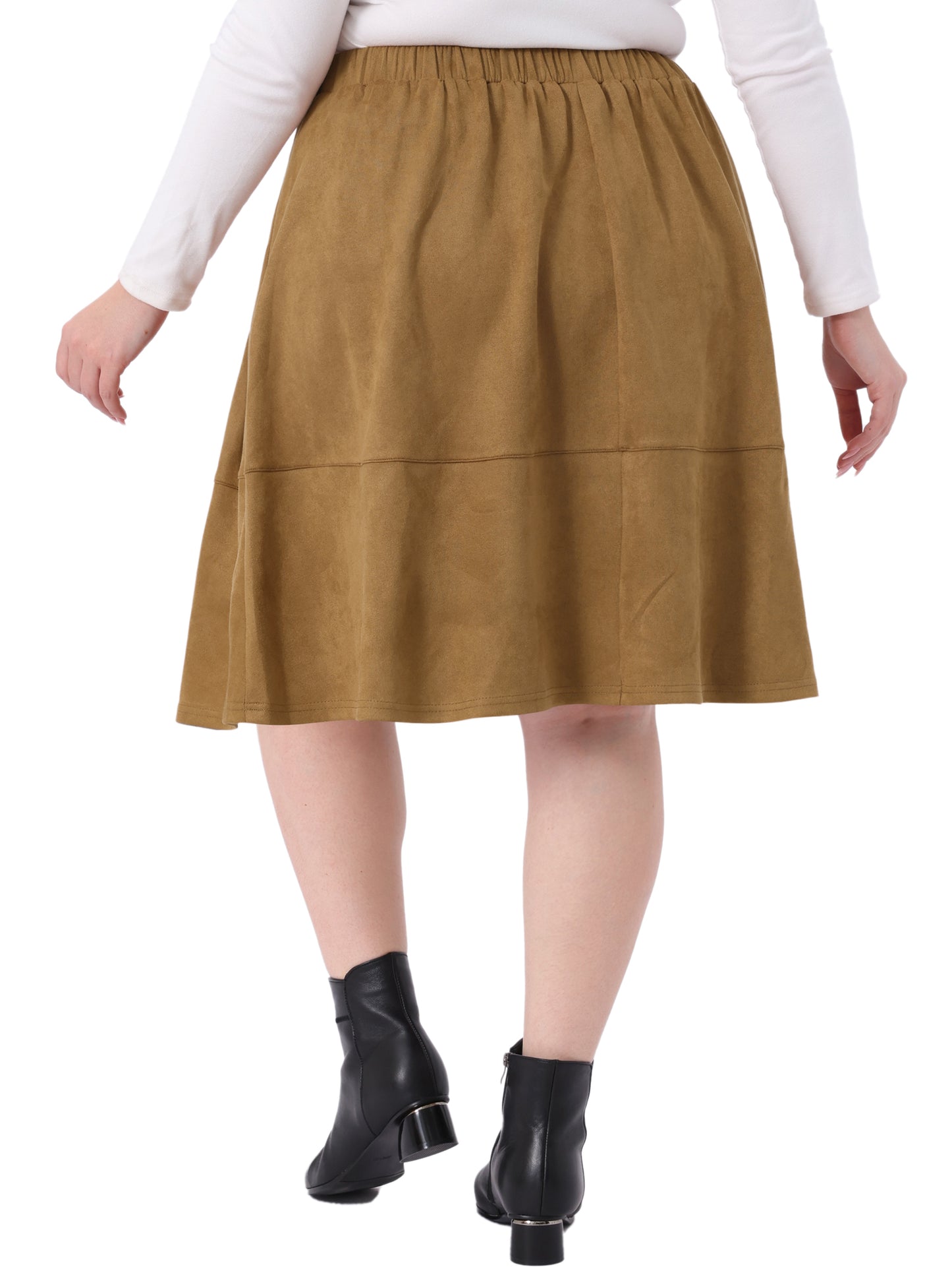 Women Plus Size Faux Suede Skirt High Waist A Line with Pockets Elastic Midi Skirt