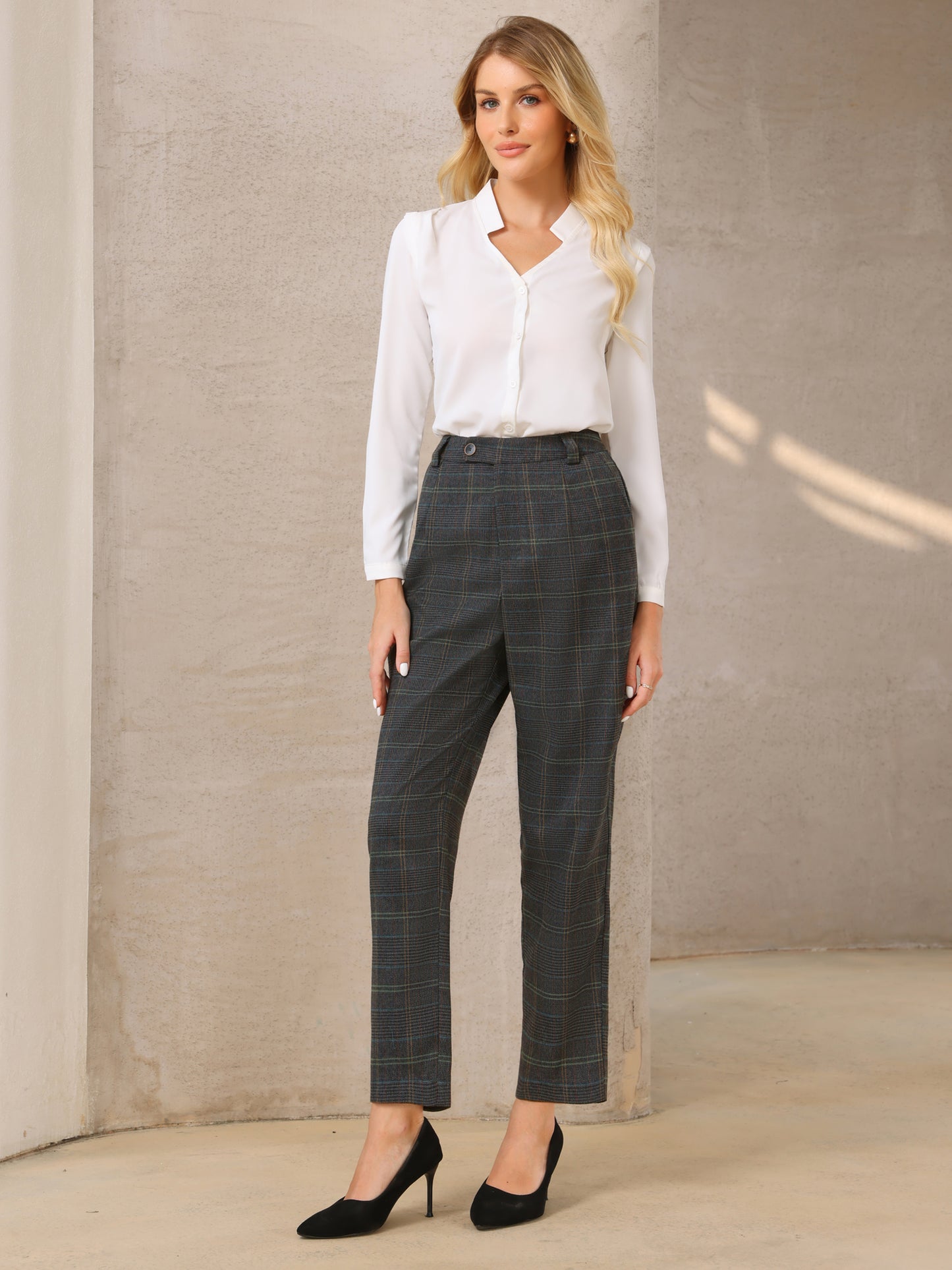 Women's Plaid Work Pant Vintage Houndstooth Tartan Straight Long Trousers