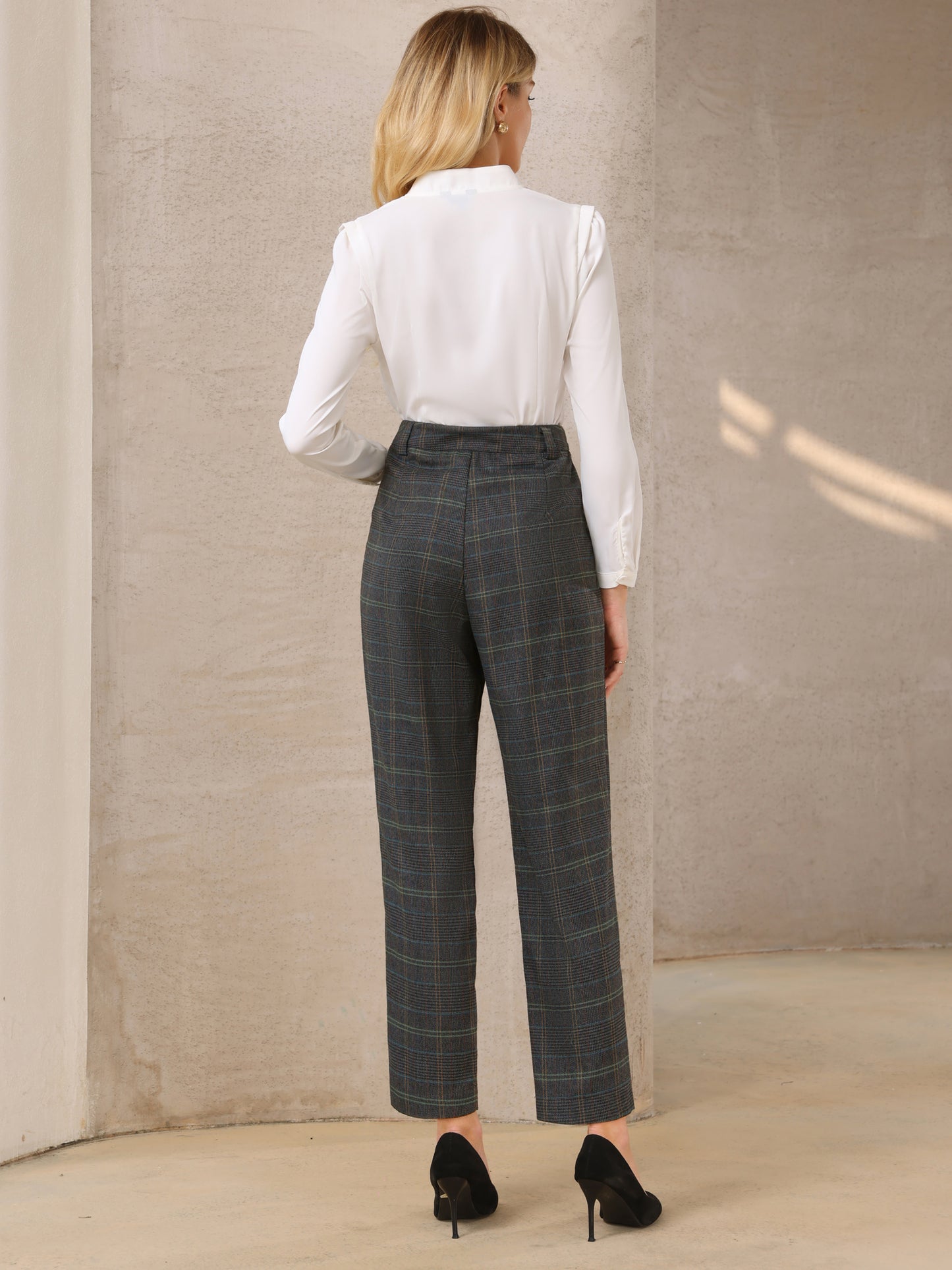 Women's Plaid Work Pant Vintage Houndstooth Tartan Straight Long Trousers