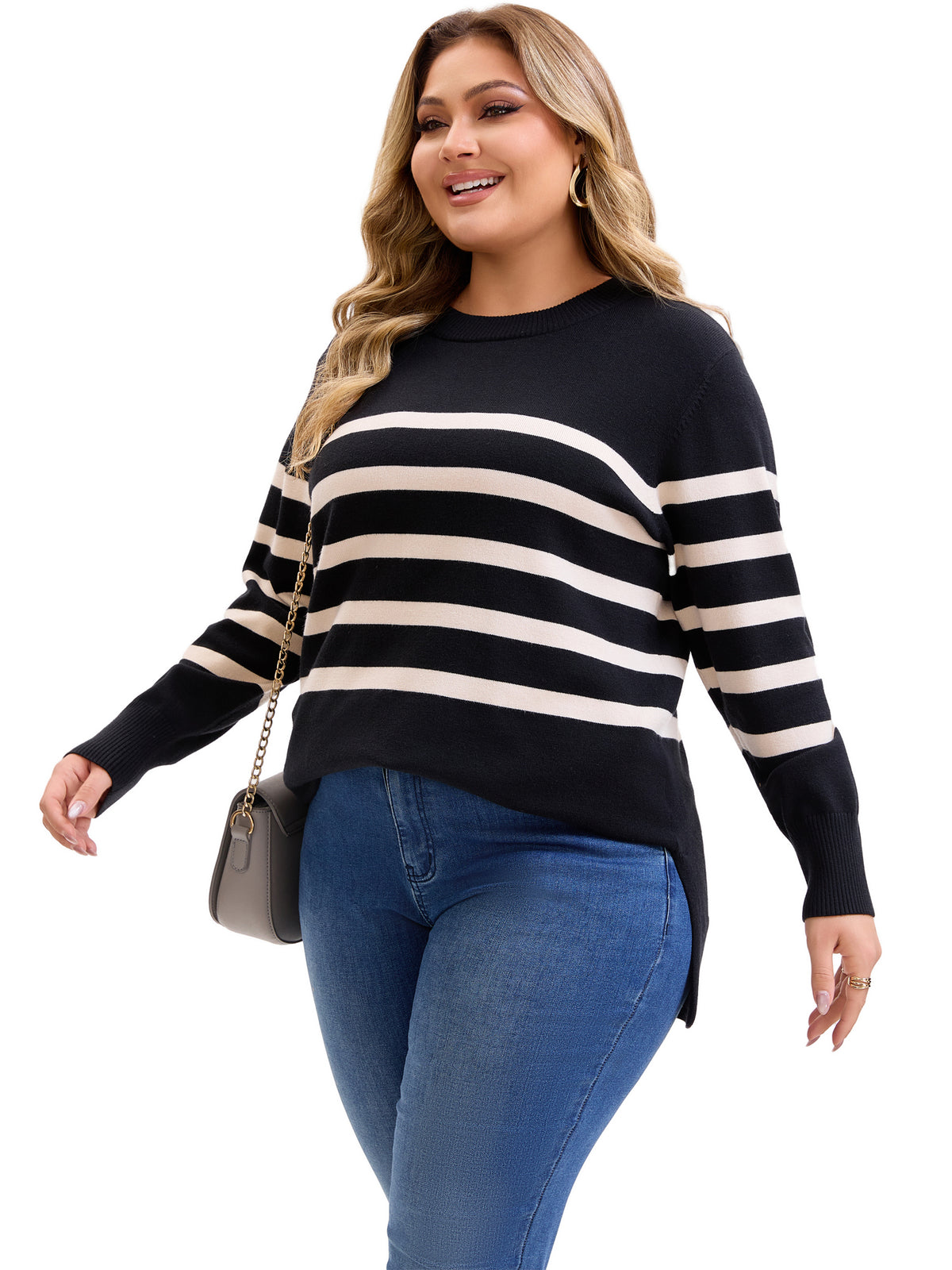 Women's Plus Size Striped Crewneck Cozy Pullover