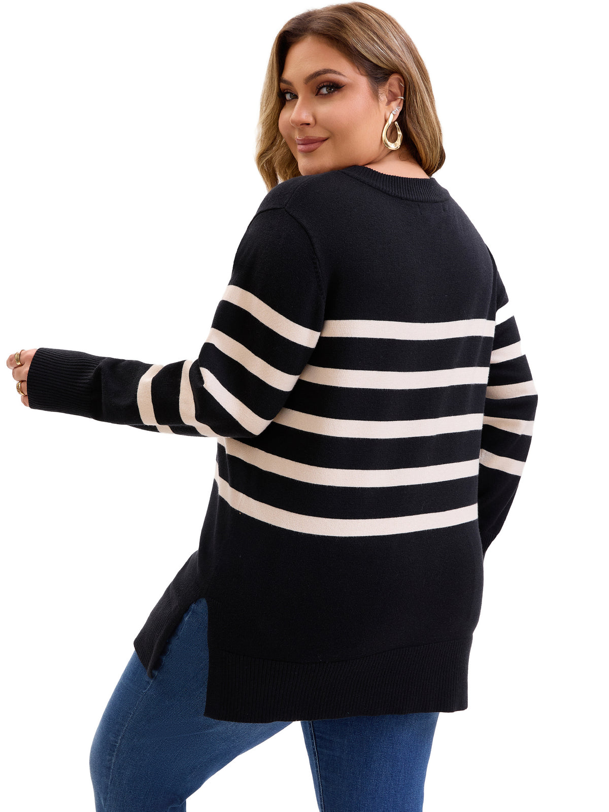 Women's Plus Size Striped Crewneck Cozy Pullover