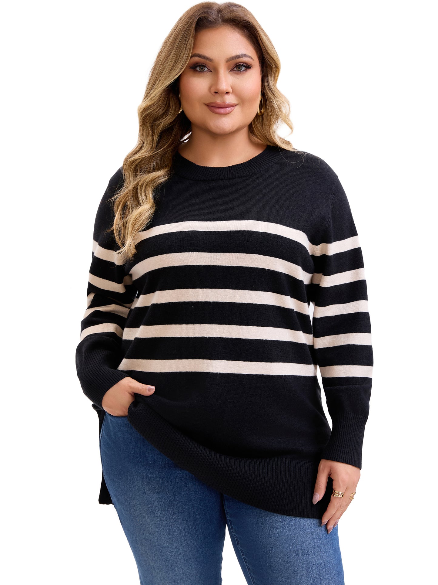Women's Plus Size Striped Crewneck Cozy Pullover
