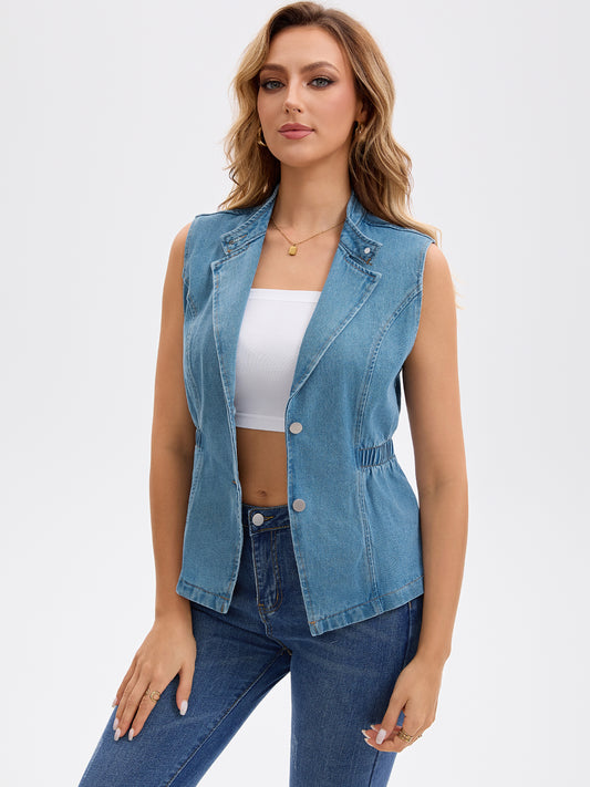 Women's Button Down V Neck Elastic Waist Jean Vests