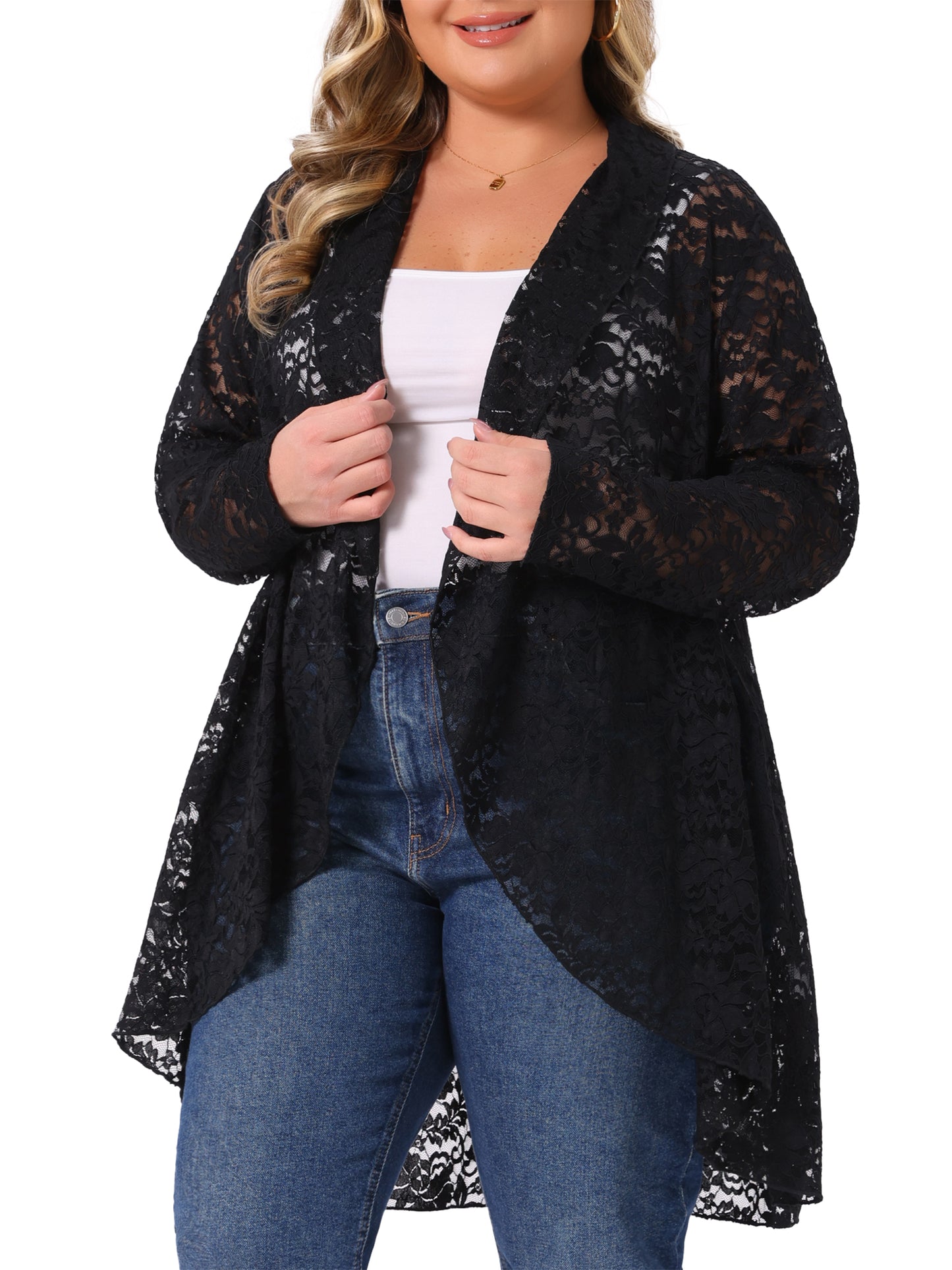 Women Plus Size Cardigans Open Front Long Sleeve Lightweight Sheer Crochet Lace Cover Up