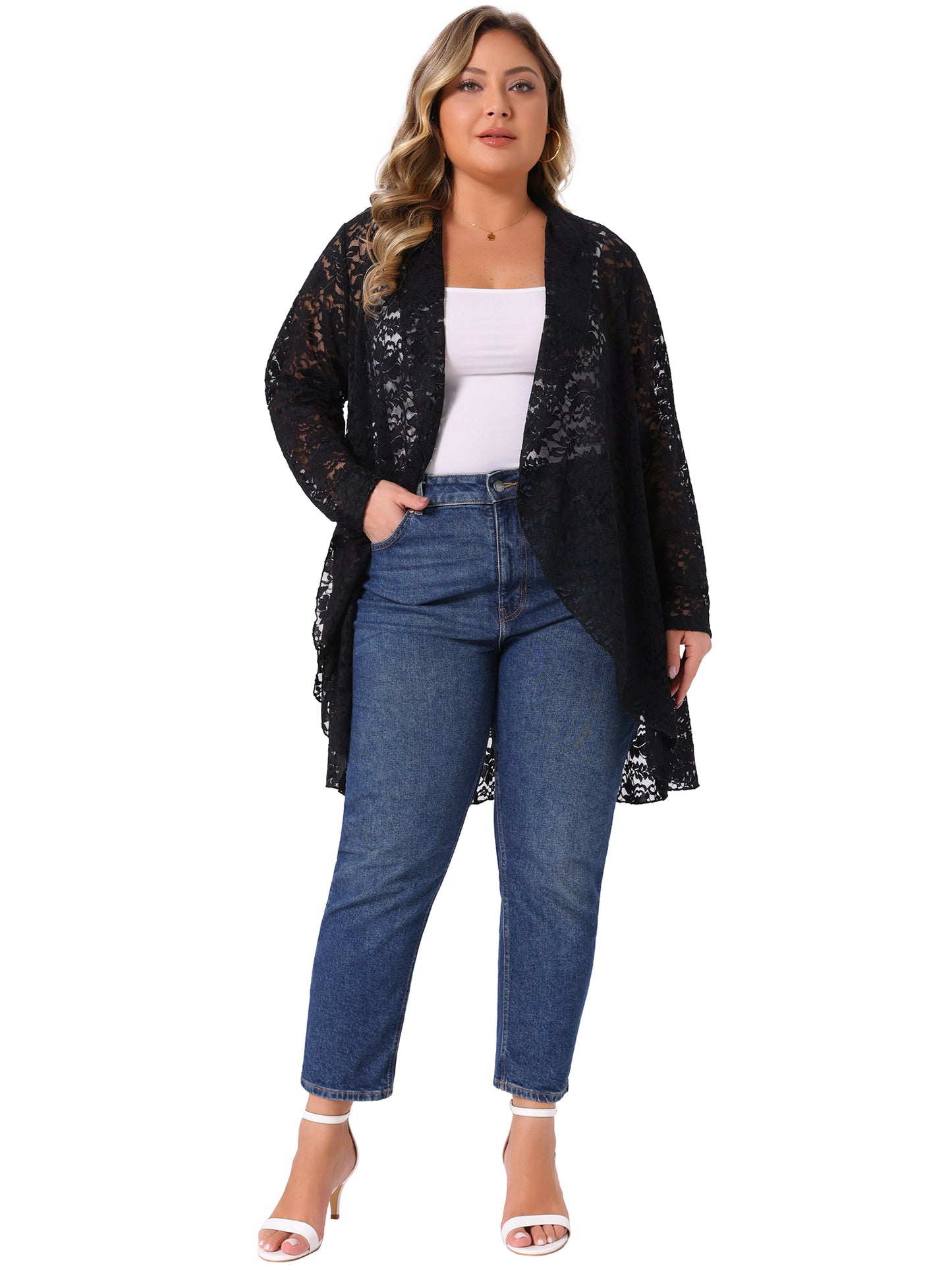 Women Plus Size Cardigans Open Front Long Sleeve Lightweight Sheer Crochet Lace Cover Up