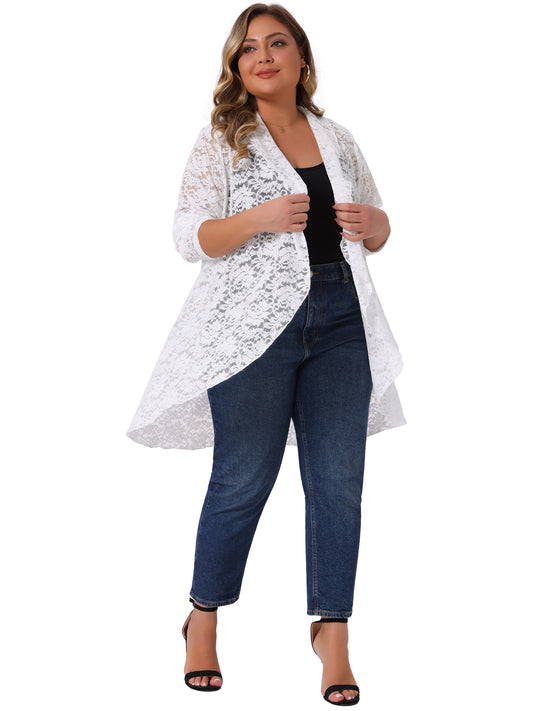 Women Plus Size Cardigans Open Front Long Sleeve Lightweight Sheer Crochet Lace Cover Up