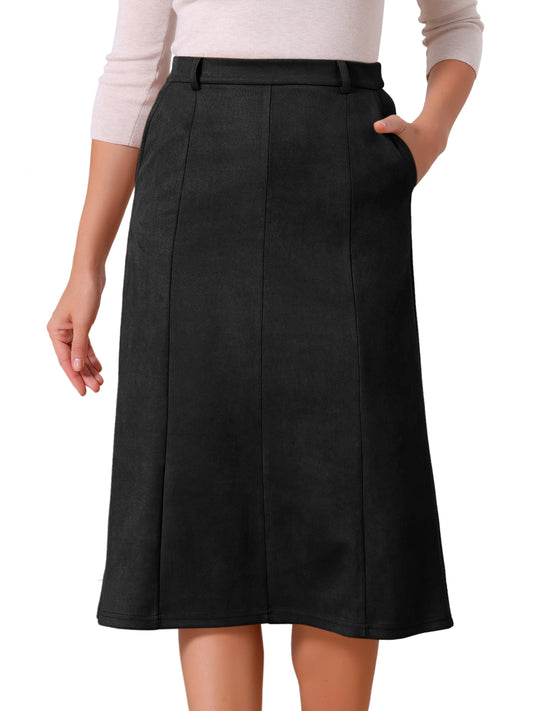 Women's Faux Suede Elastic High Waist A-Line Midi Skirt with Pockets