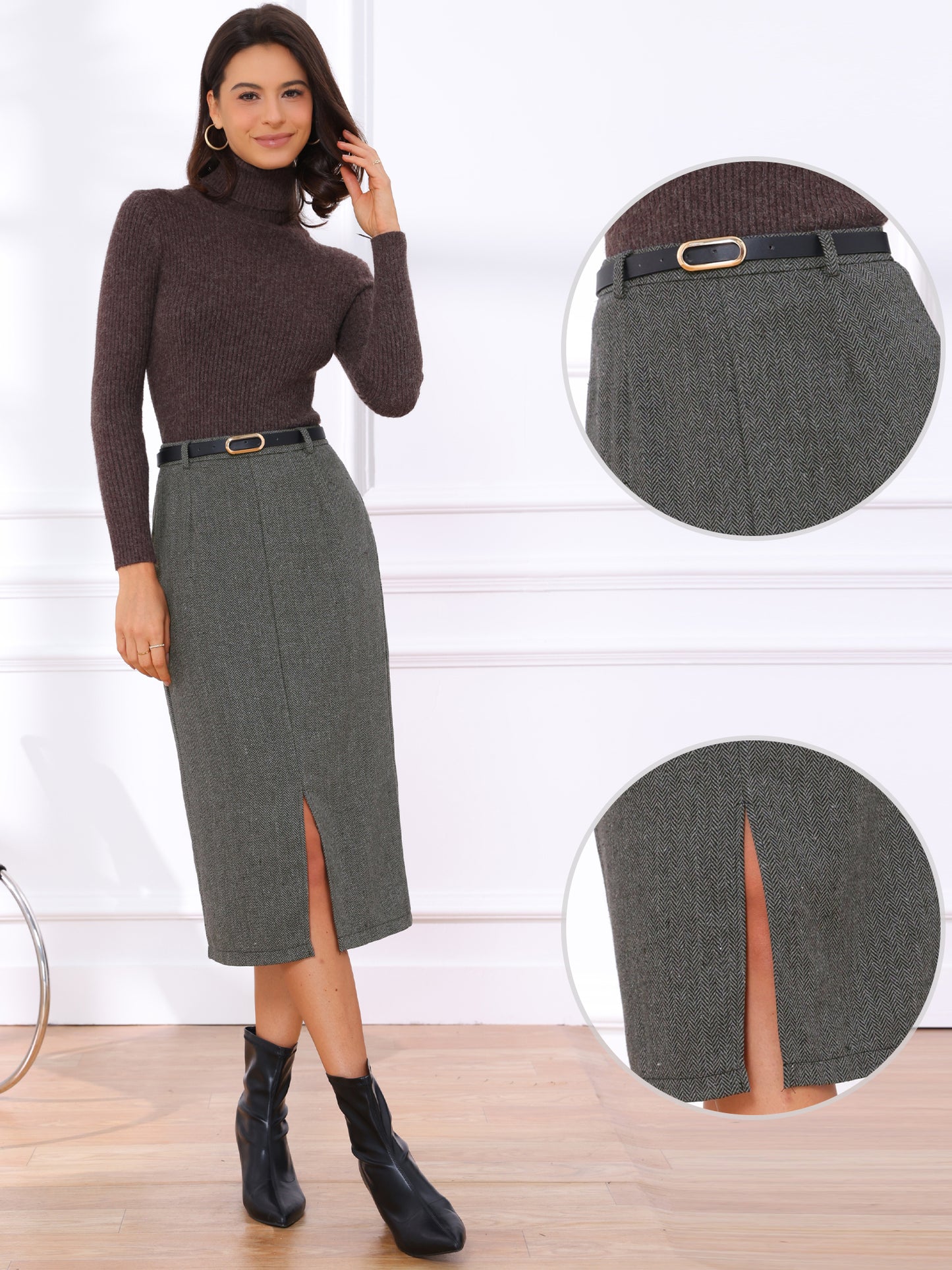 Women Fall Winter High Waisted Work Office Midi Pencil Skirt with Belt