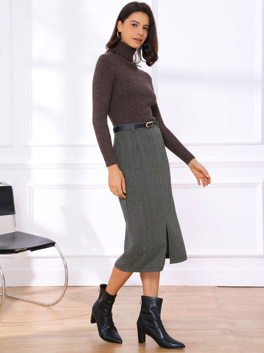 Women Fall Winter High Waisted Work Office Midi Pencil Skirt with Belt