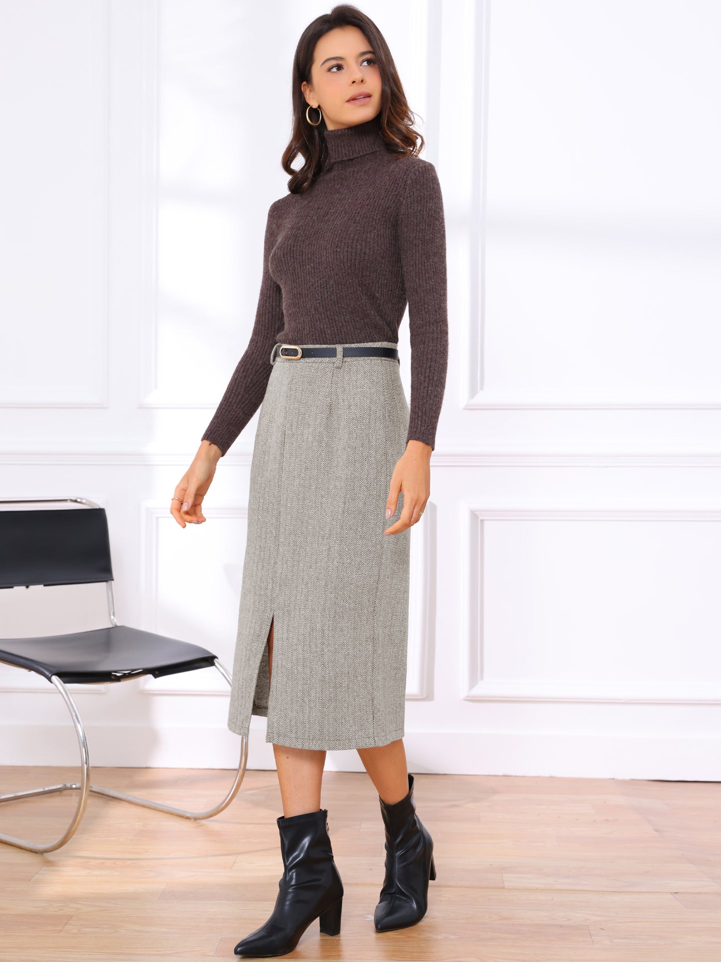 Women Fall Winter High Waisted Work Office Midi Pencil Skirt with Belt