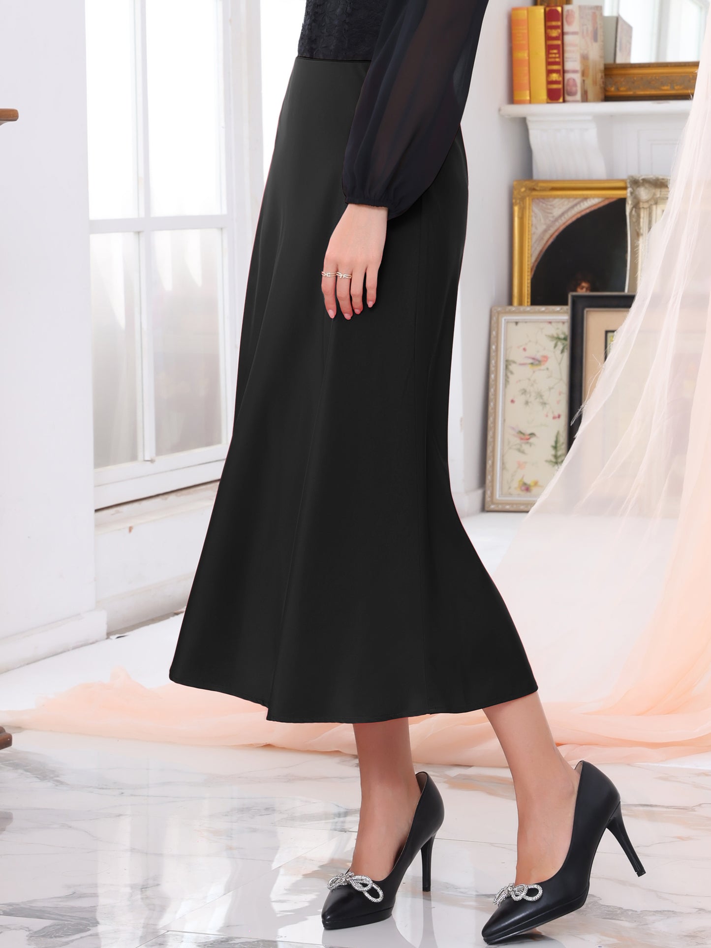 Women's Satin High Waist A-Lined Evening Cocktail Mermaid Maxi Skirt