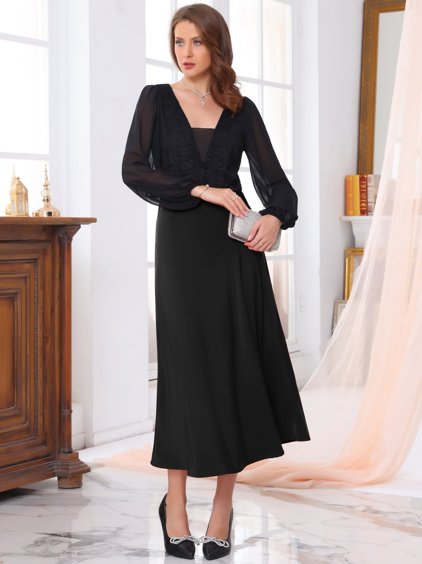 Women's Satin High Waist A-Lined Evening Cocktail Mermaid Maxi Skirt