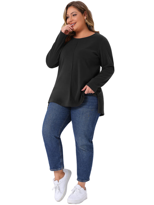Women Plus Size T-Shirt Crew Neck High Low Hem Long Sleeve Side Slit Blouse Top