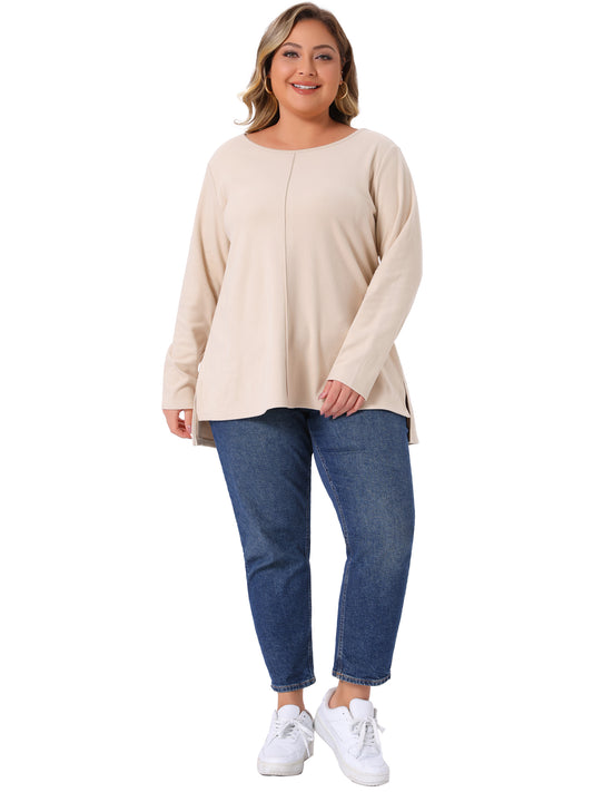 Women Plus Size T-Shirt Crew Neck High Low Hem Long Sleeve Side Slit Blouse Top