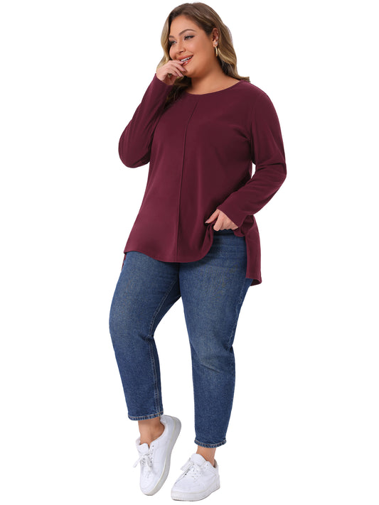 Women Plus Size T-Shirt Crew Neck High Low Hem Long Sleeve Side Slit Blouse Top