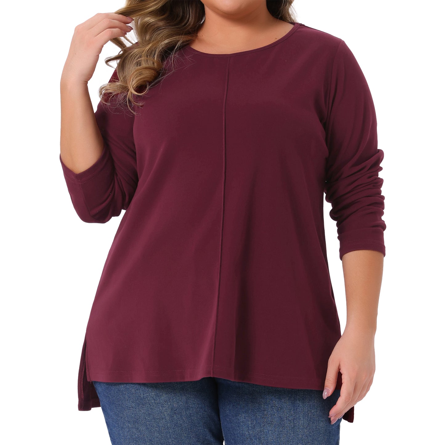 Women Plus Size T-Shirt Crew Neck High Low Hem Long Sleeve Side Slit Blouse Top