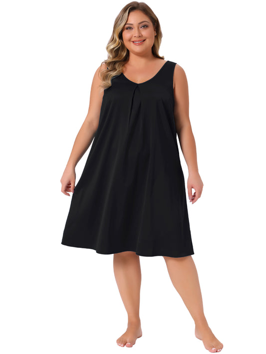 Women Plus Size Satin Nightgown V Neck Sleeveless Pleated Sleep Nightshirt Tank Nightdress
