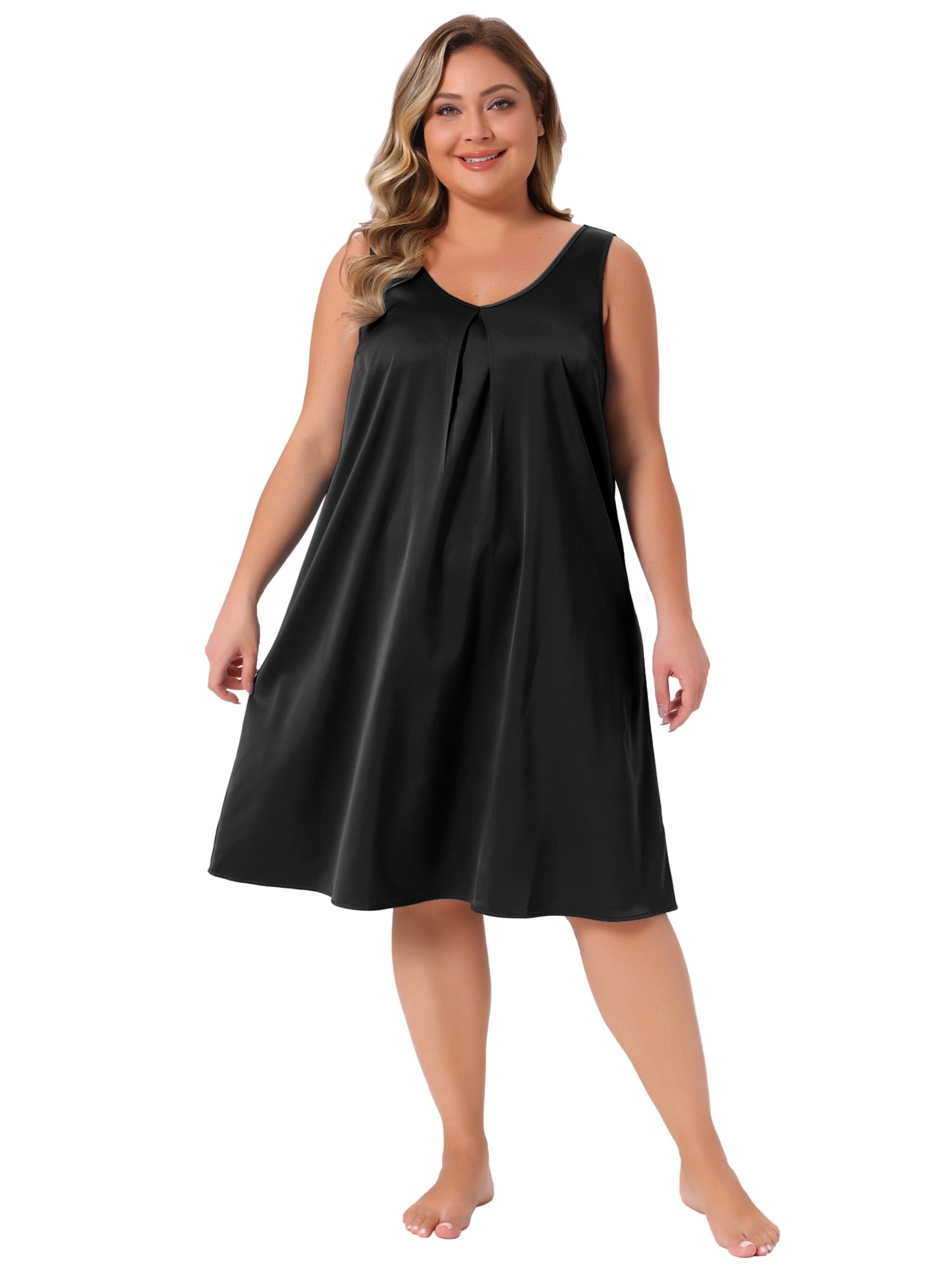 [PACK SALES] Women's Plus Size 2 Piece Satin Sleep Dress Wide Straps V Neck Pleated Sleepshirt Lounge Nightgowns