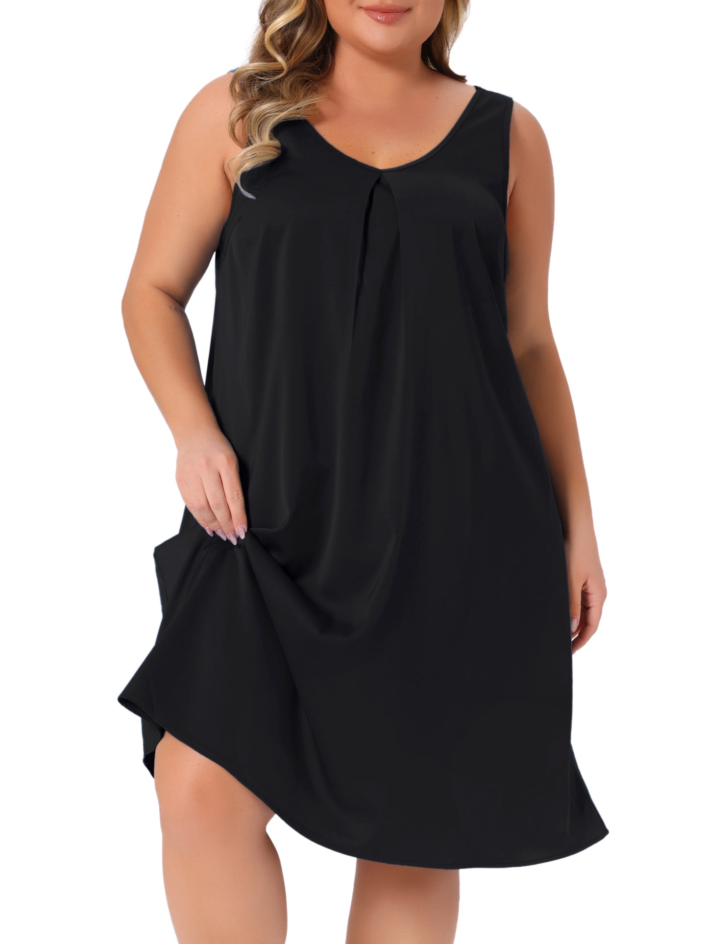 Women Plus Size Satin Nightgown V Neck Sleeveless Pleated Sleep Nightshirt Tank Nightdress