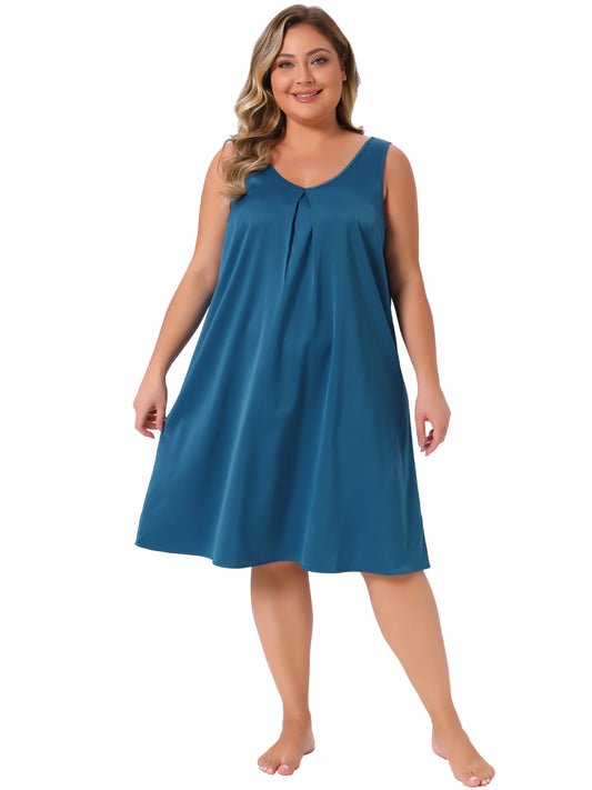 Women Plus Size Satin Nightgown V Neck Sleeveless Pleated Sleep Nightshirt Tank Nightdress