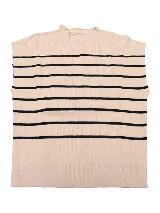 Women's Cap Sleeve Sweater Vest Mock Neck Striped Print Casual Ribbed Knit Pullover Tops