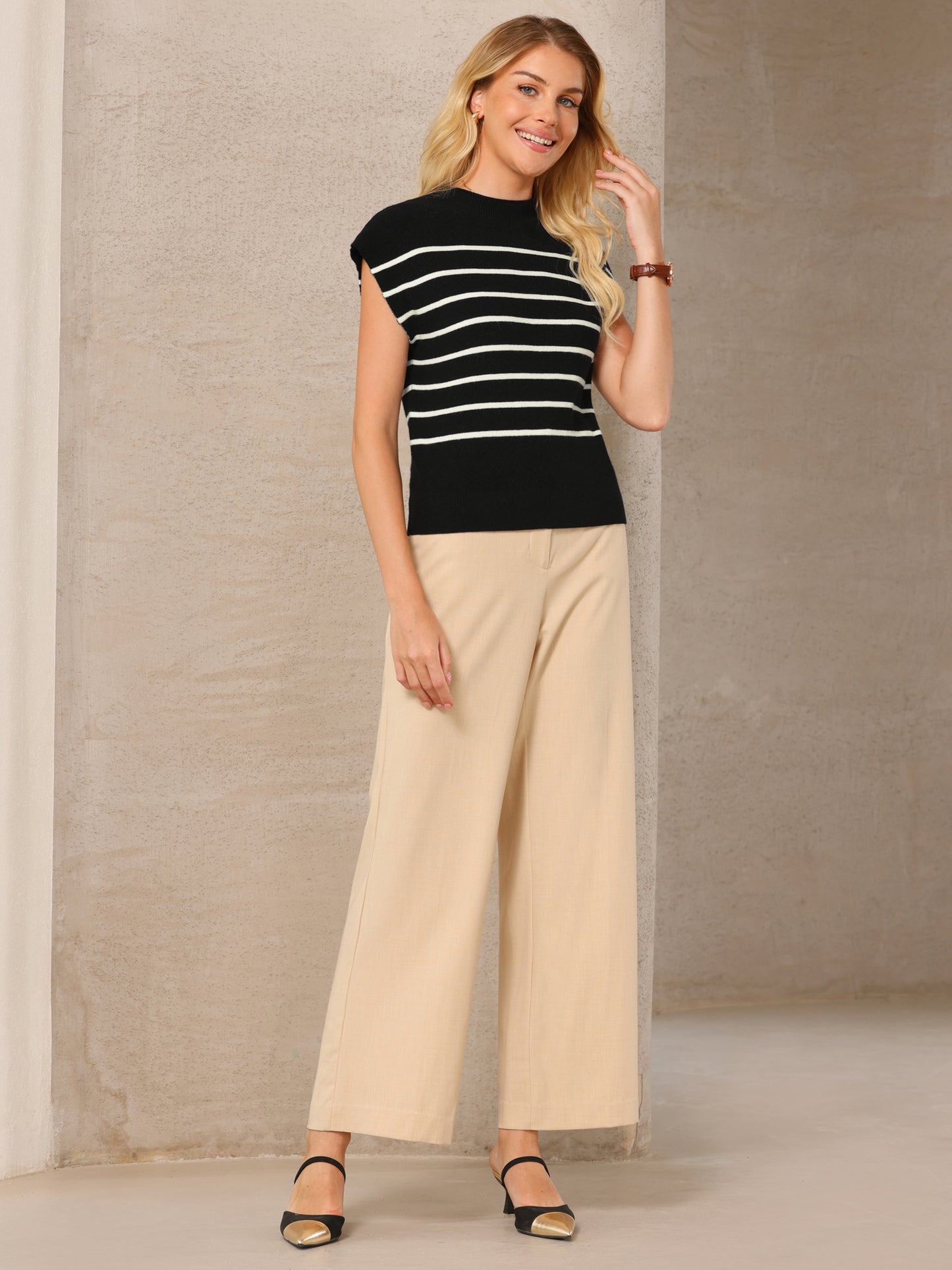 Women's Cap Sleeve Sweater Vest Mock Neck Striped Print Casual Ribbed Knit Pullover Tops