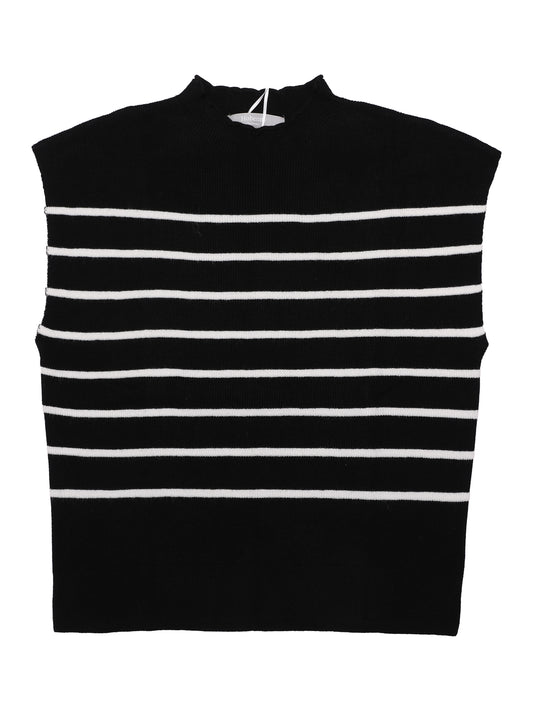 Women's Cap Sleeve Sweater Vest Mock Neck Striped Print Casual Ribbed Knit Pullover Tops
