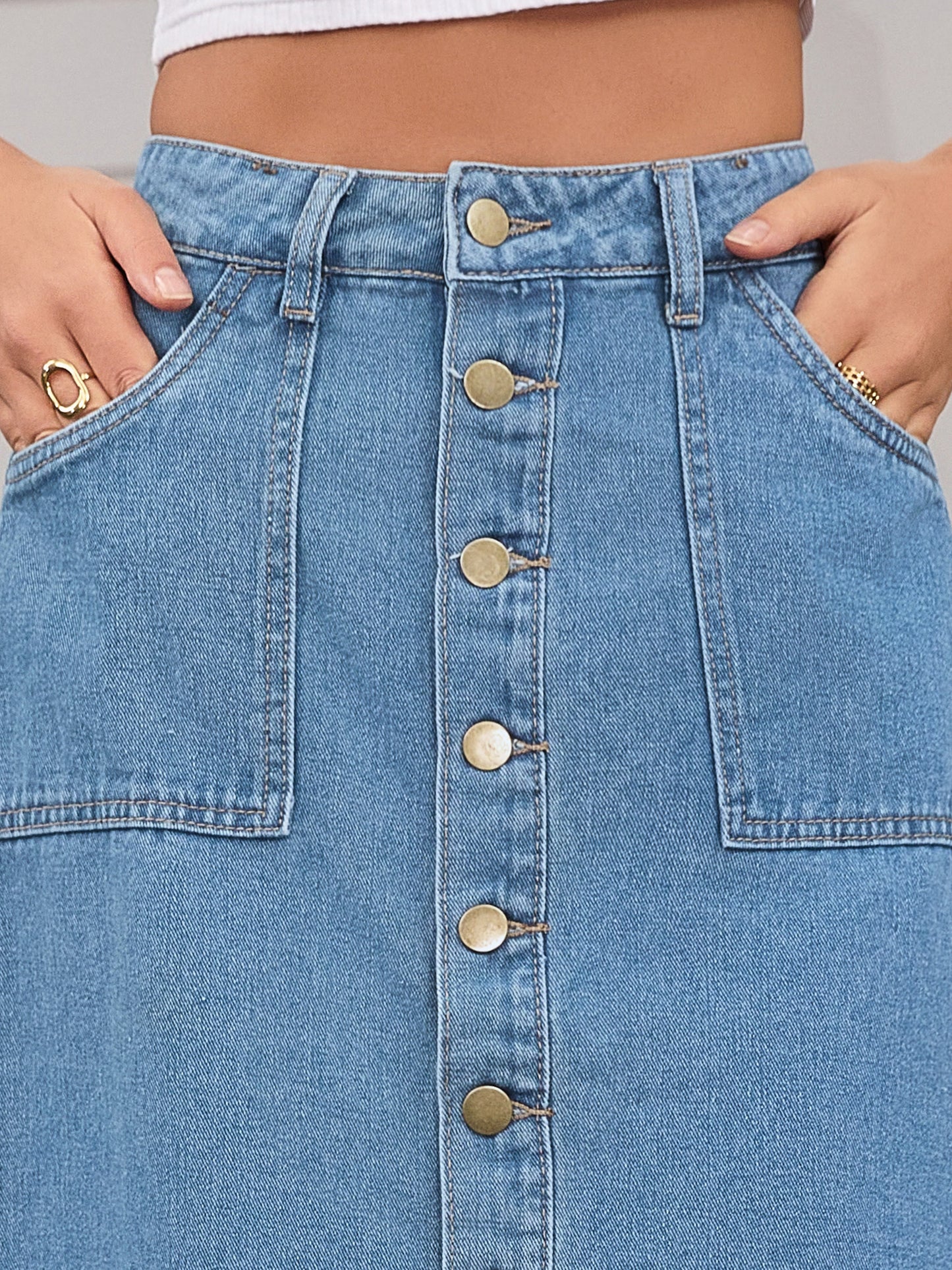 Women's Button Down Summer Casual H-Line Knee Length Denim Skirt