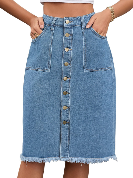Women's Button Down Summer Casual H-Line Knee Length Denim Skirt