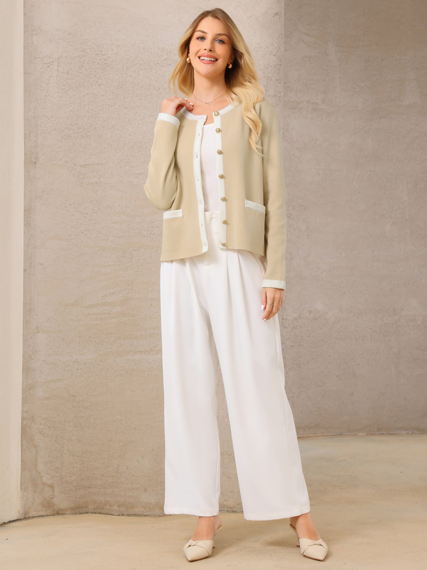 Women's Button Down Cardigan Sweater Crewneck Contrast Trim Long Sleeve Knit Ribbed Jacket