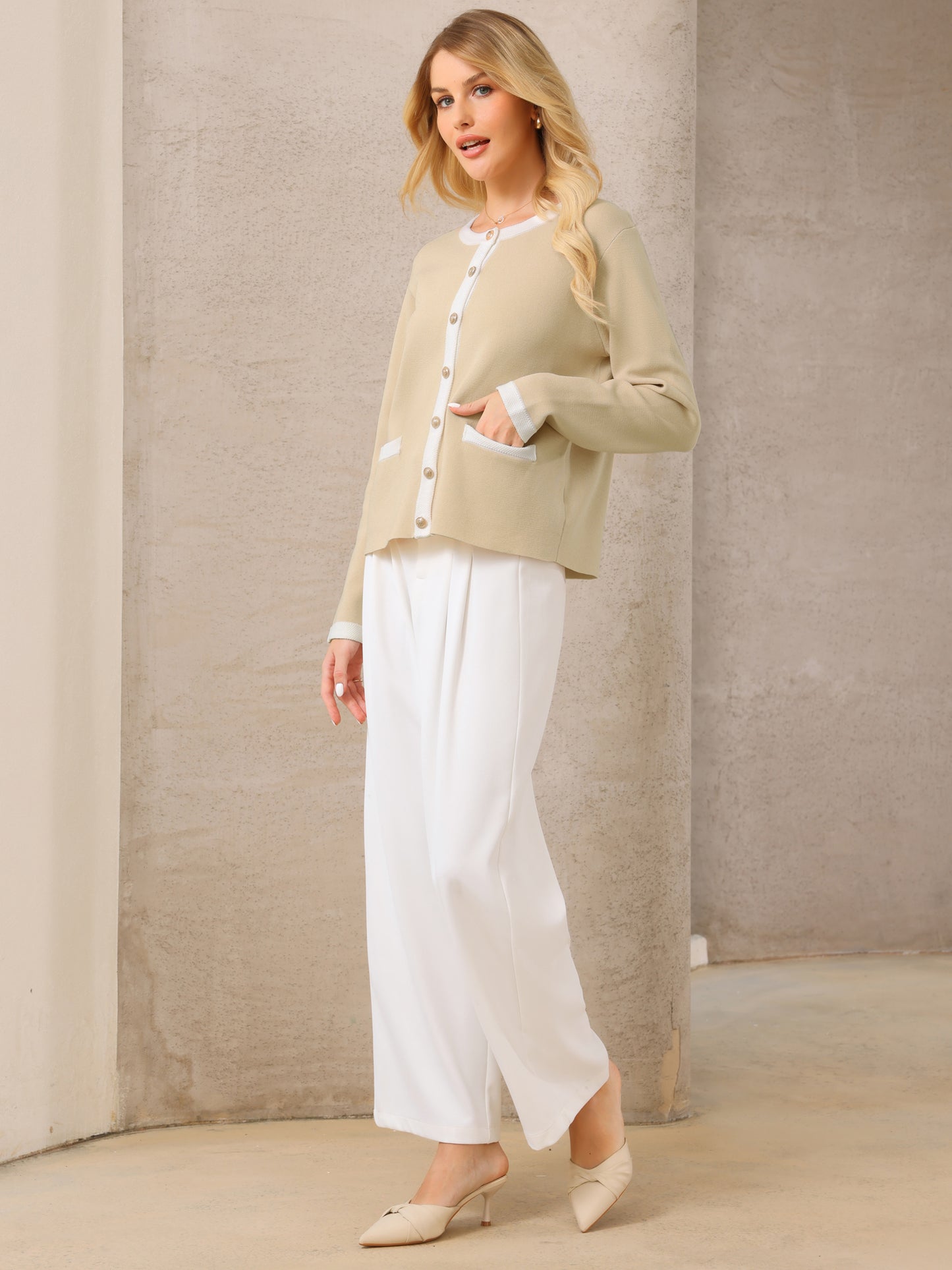 Women's Button Down Cardigan Sweater Crewneck Contrast Trim Long Sleeve Knit Ribbed Jacket