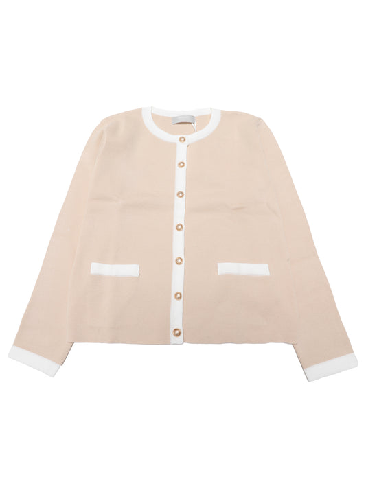 Suéter tipo cárdigan con botones para mujer, cuello redondo, ribete en contraste, manga larga, tejido acanalado
