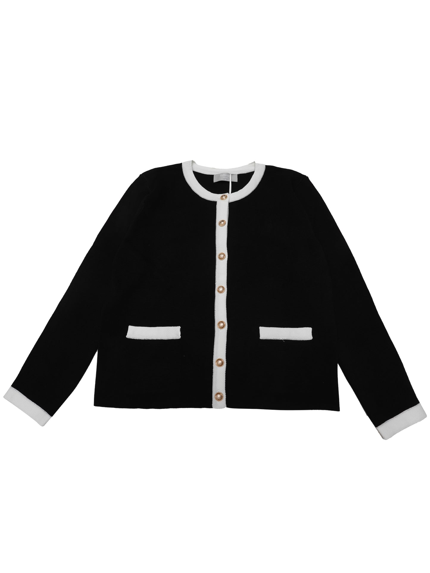 Suéter tipo cárdigan con botones para mujer, cuello redondo, ribete en contraste, manga larga, tejido acanalado