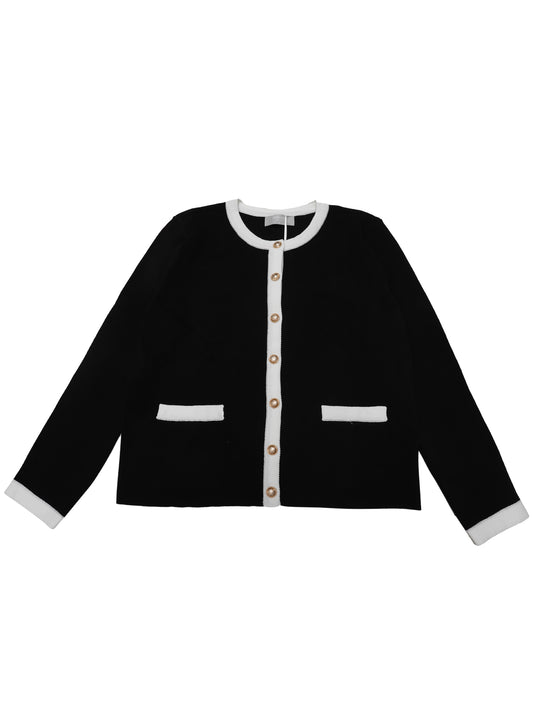 Suéter tipo cárdigan con botones para mujer, cuello redondo, ribete en contraste, manga larga, tejido acanalado