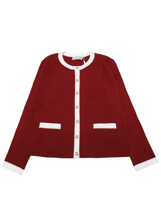 Suéter tipo cárdigan con botones para mujer, cuello redondo, ribete en contraste, manga larga, tejido acanalado