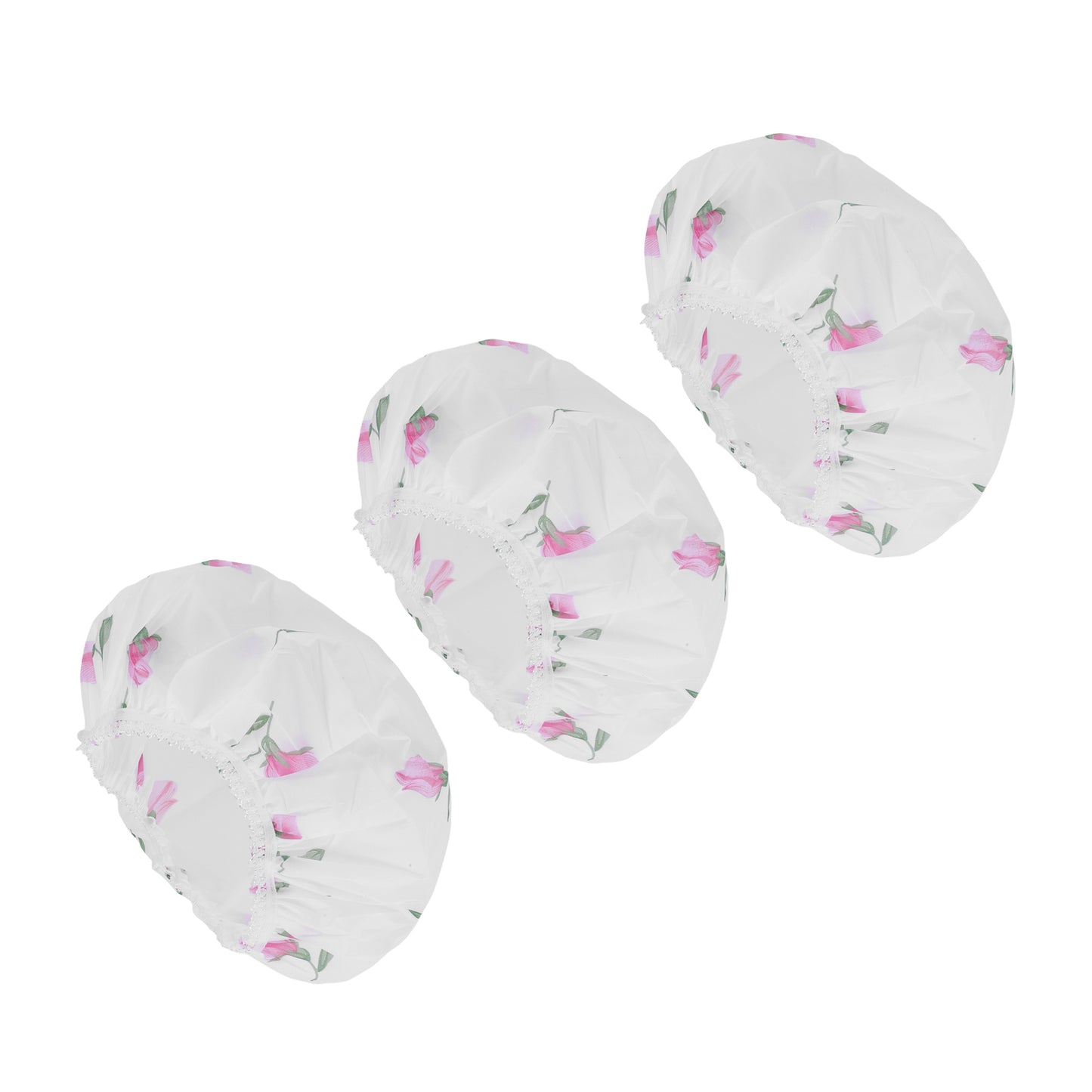 3 Pcs Flower Single Layer Shower Cap for Bathroom White Pink