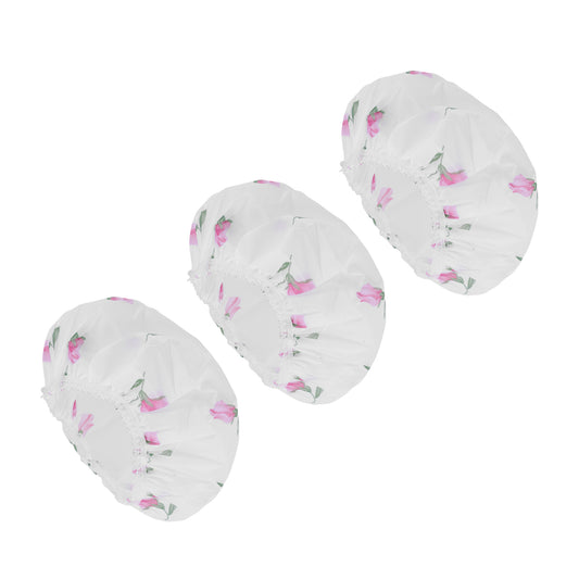 3 Pcs Flower Single Layer Shower Cap for Bathroom White Pink