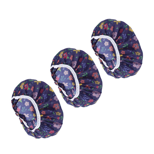 3 Pcs Flower Single Layer Shower Cap for Bathroom Dark Blue