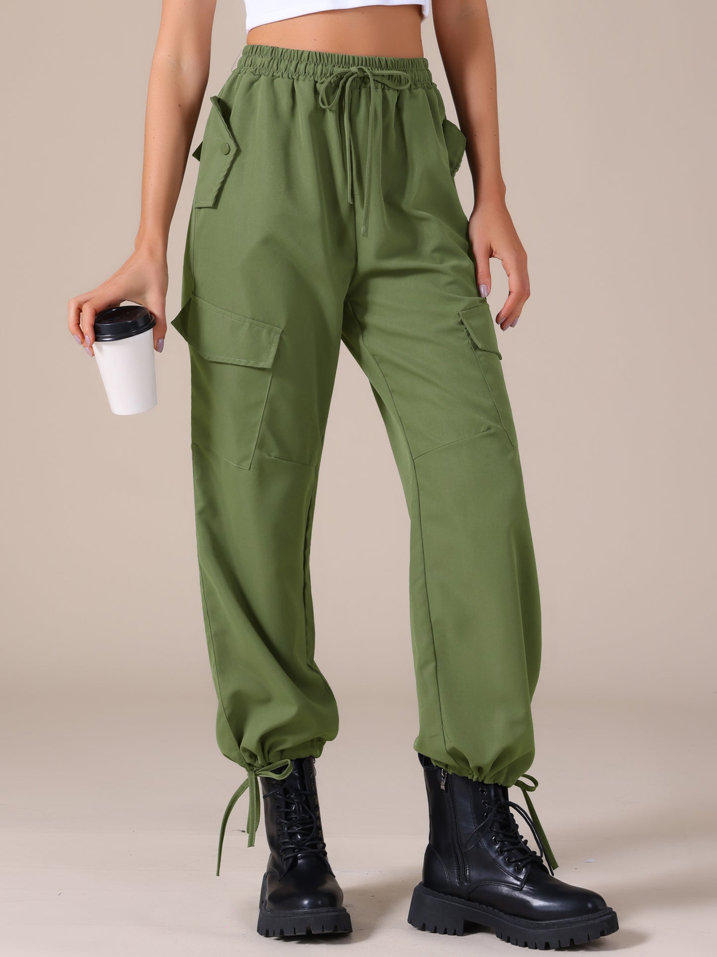 Women's Cargo Pants with Pockets Lightweight High Waist Elastic Drawstring Casual Wide Leg Trousers