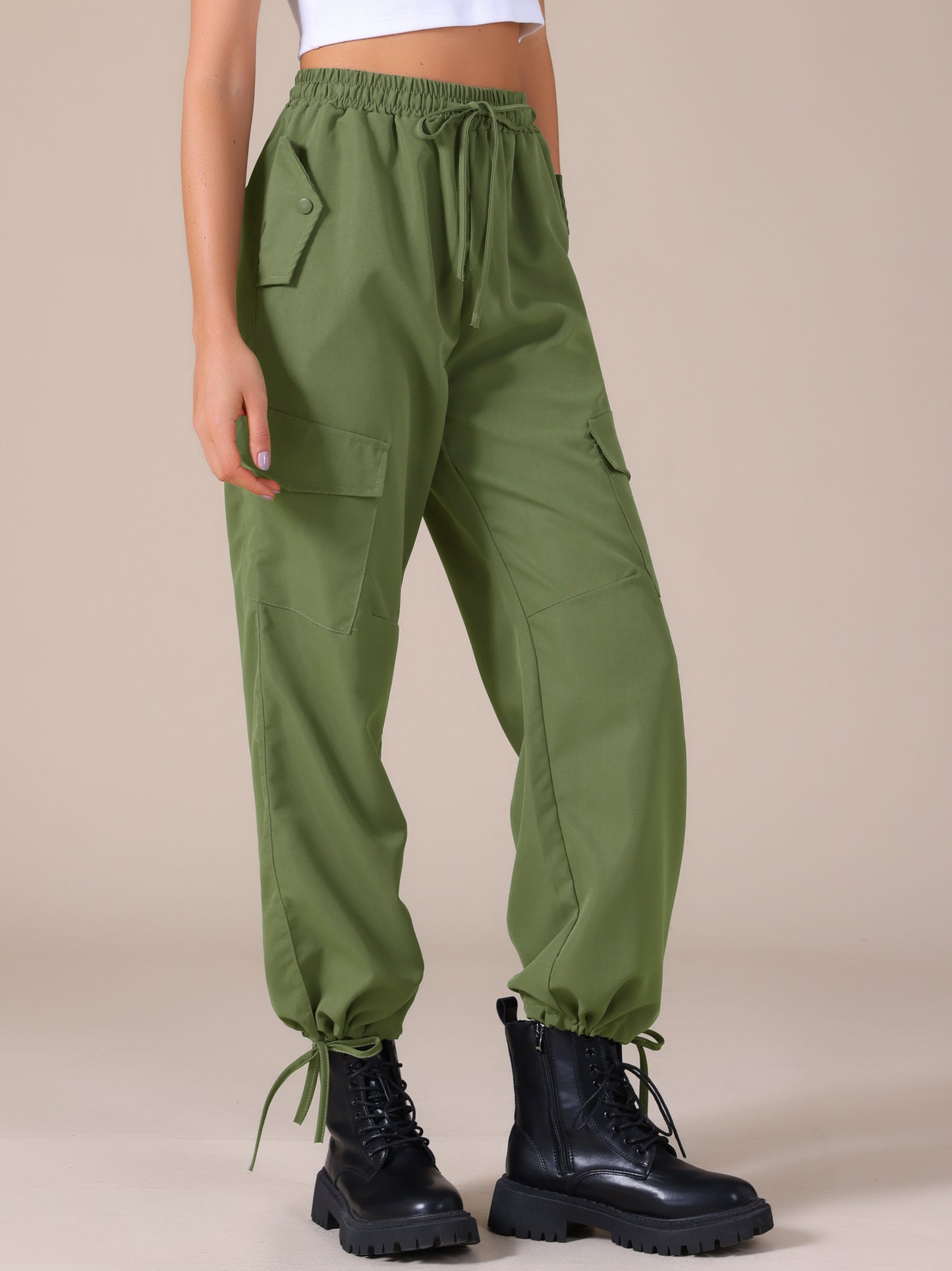 Women's Cargo Pants with Pockets Lightweight High Waist Elastic Drawstring Casual Wide Leg Trousers