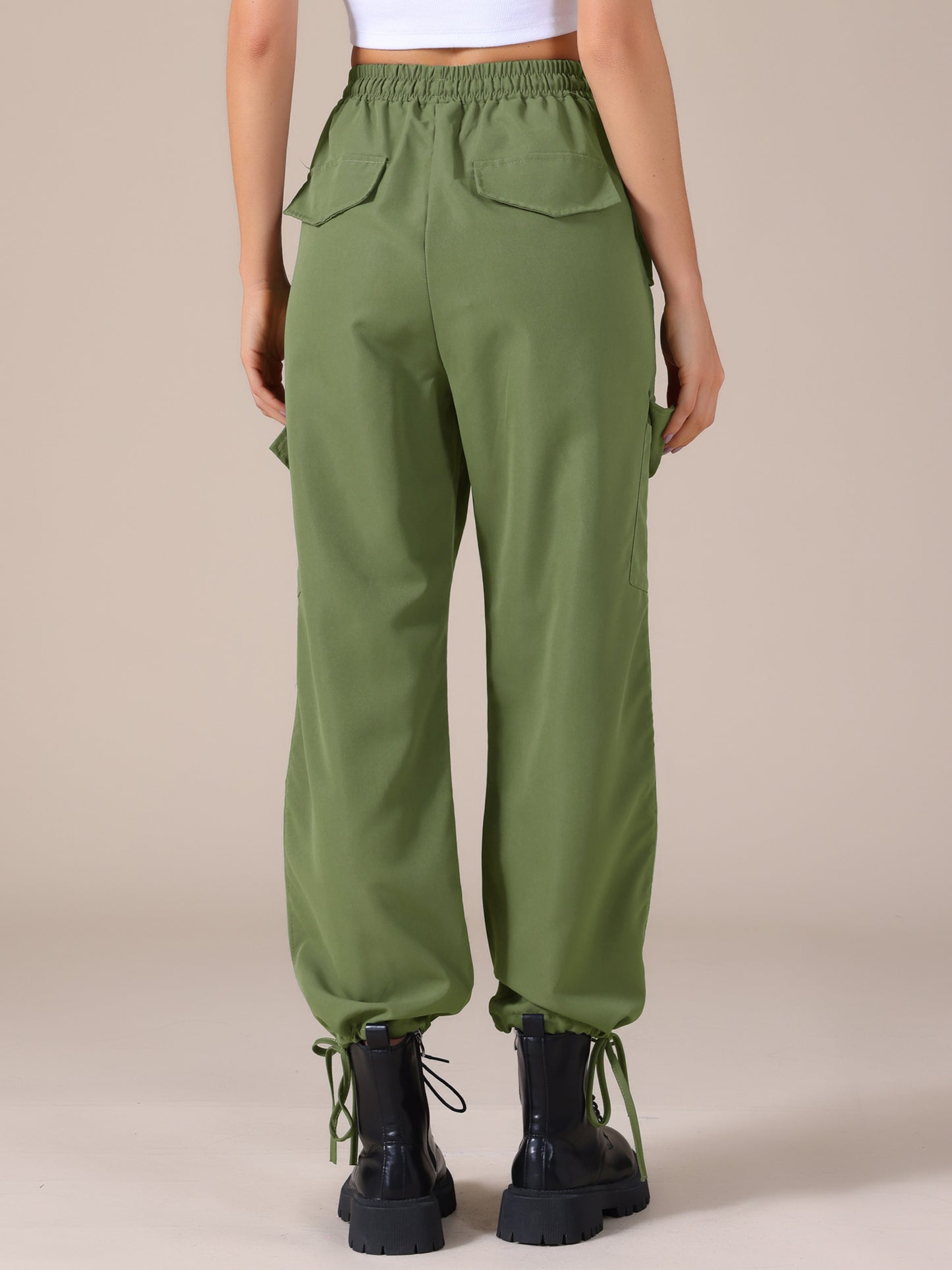 Women's Cargo Pants with Pockets Lightweight High Waist Elastic Drawstring Casual Wide Leg Trousers