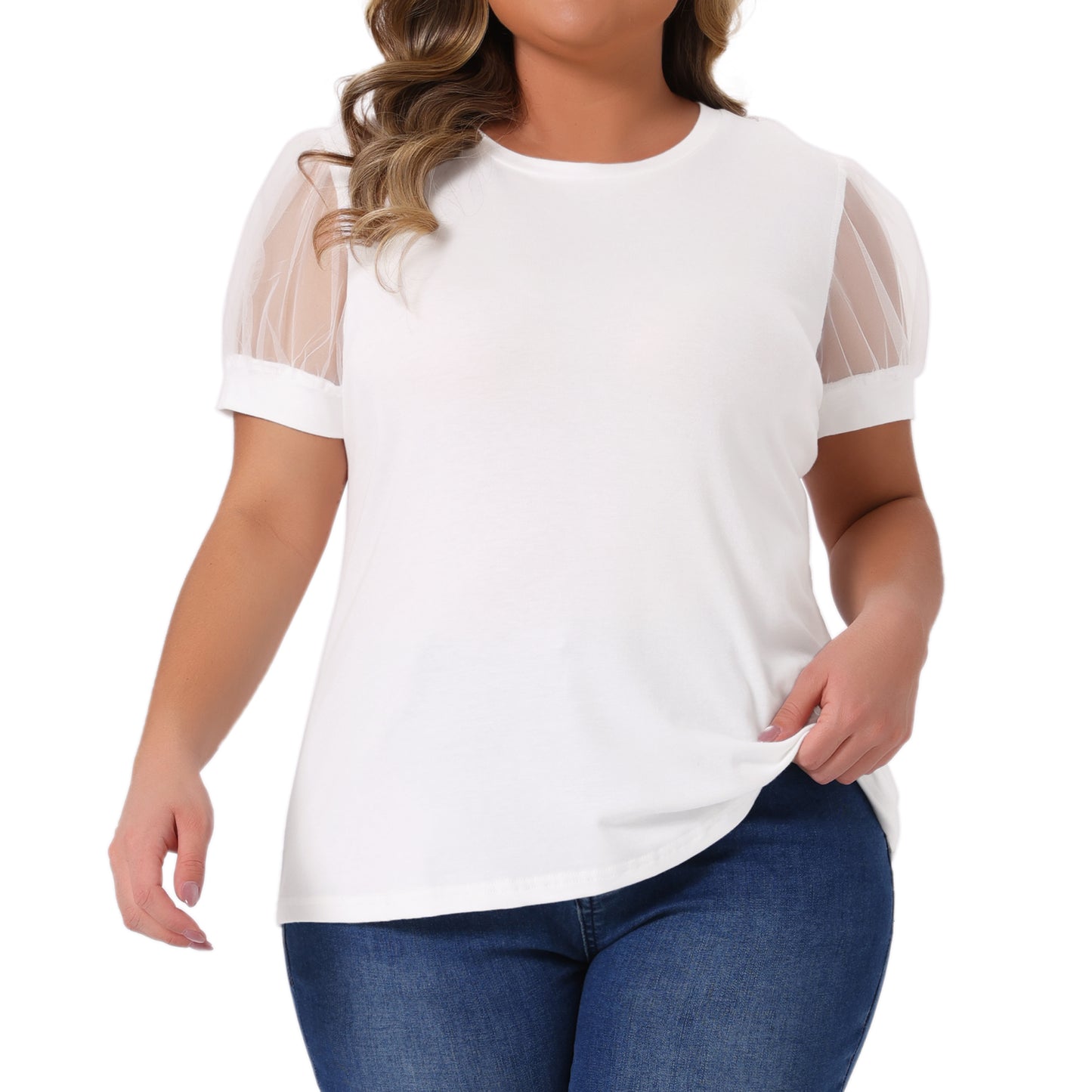 Women's Plus Size Crew Neck Mesh Short Sleeve T-Shirt Summer Top