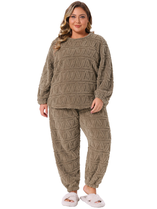Women Plus Size Fleece Fluffy Pajamas Sets Long Sleeve Pullover and Pants Set Fuzzy Lounge Sleepwear