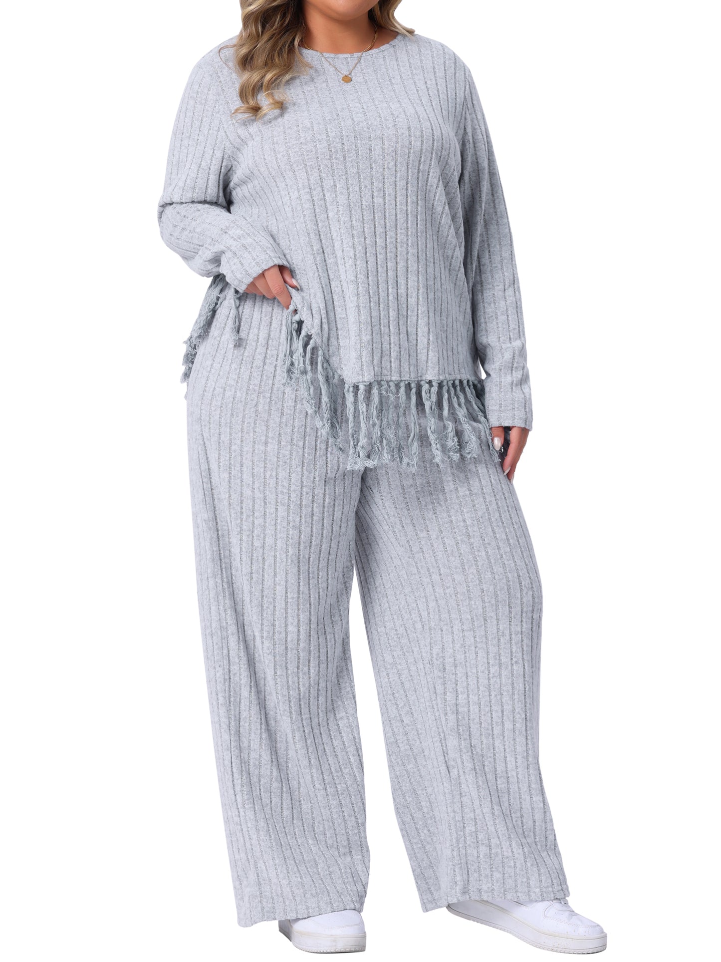 Women Plus Size 2 Piece Lounge Set Crew Neck Long Sleeve Asymmetrical Fringe Hem Casual Outfit