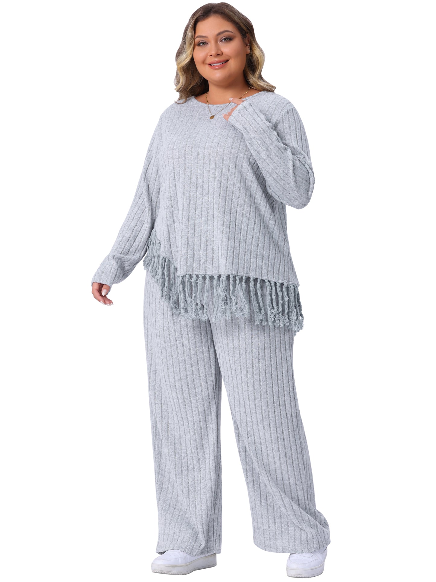 Women Plus Size 2 Piece Lounge Set Crew Neck Long Sleeve Asymmetrical Fringe Hem Casual Outfit